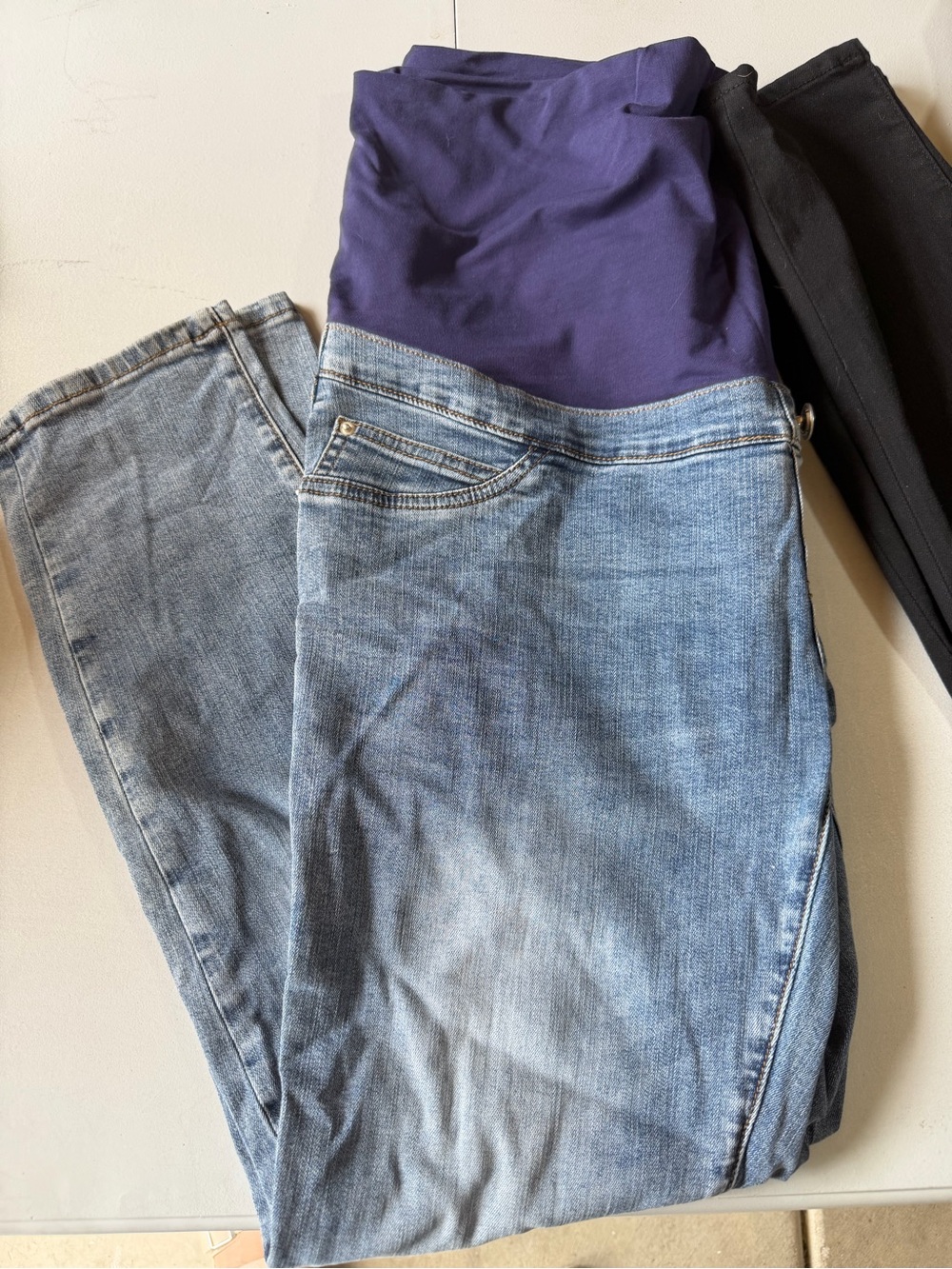 Blue Maternity Jeans with Purple Panel - Angel Maternity